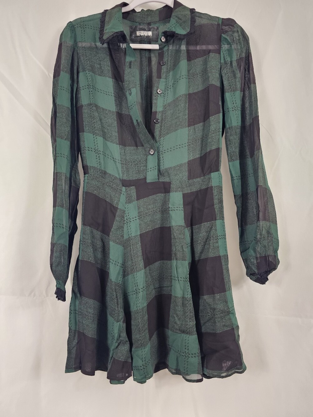 Reformation Green Black Gingham Sheer Long Sleeve Mini Dress - Size 4